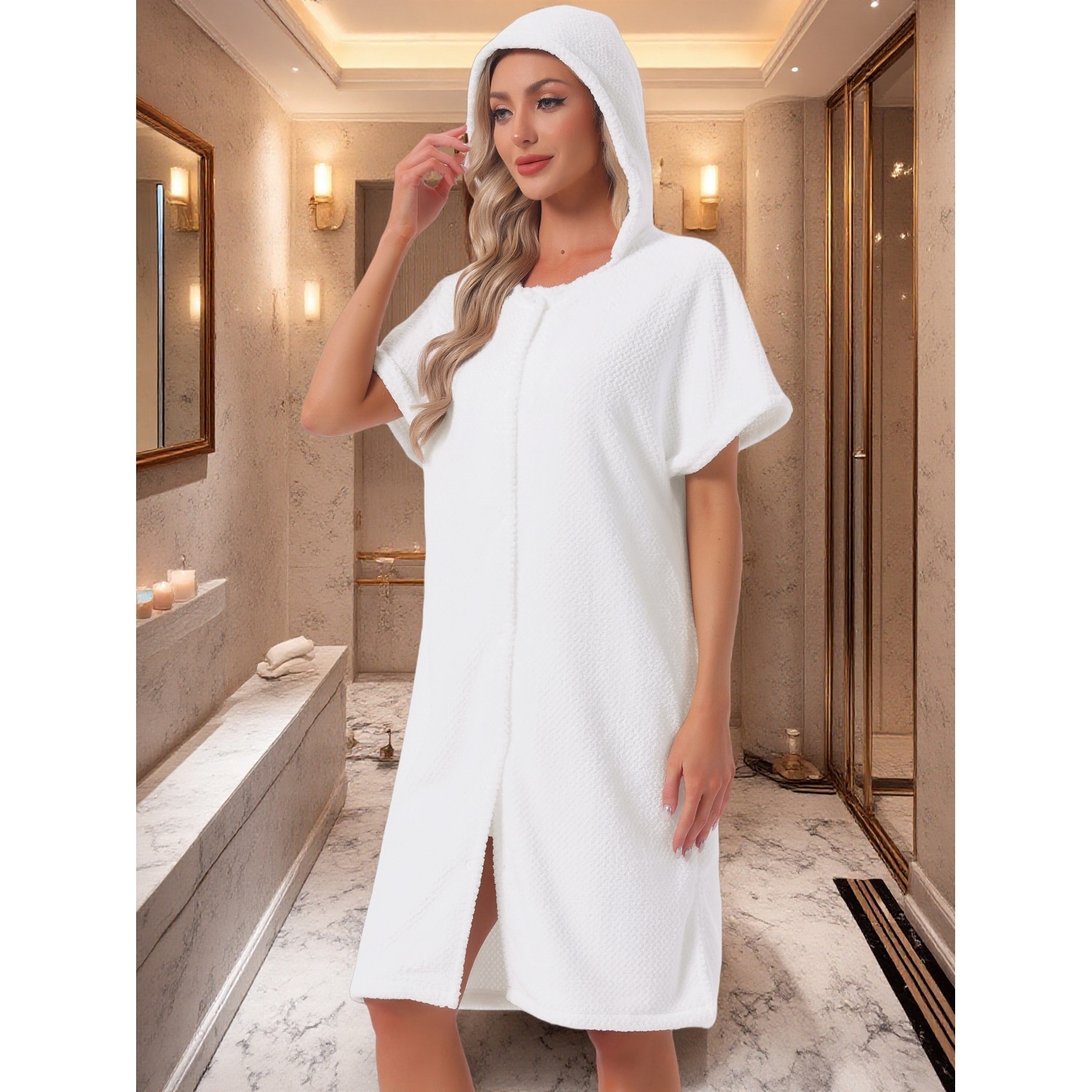 Women's Short Robes Towel Wearable Button Down Snaps Spa Beach Shower Body Terry Hooded Bathrobe