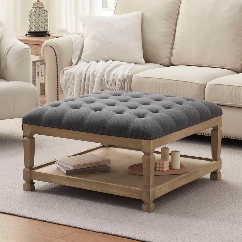 Button-Tufted Upholstered Coffee Table Ottoman with Wooden Shelf – Square Fabric Ottoman