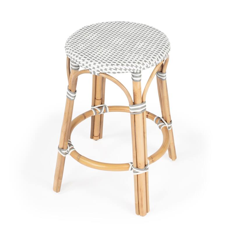 Tobias 24" Rattan Round Counter Stool - White/Gray Dot / Natural Rattan Frame
