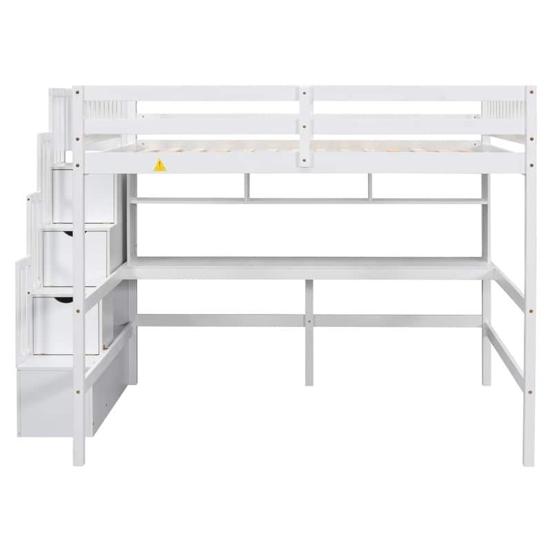 Wood Loft Bed with Built-in Desk,Bookshelves and Storage Staircase,Full Size
