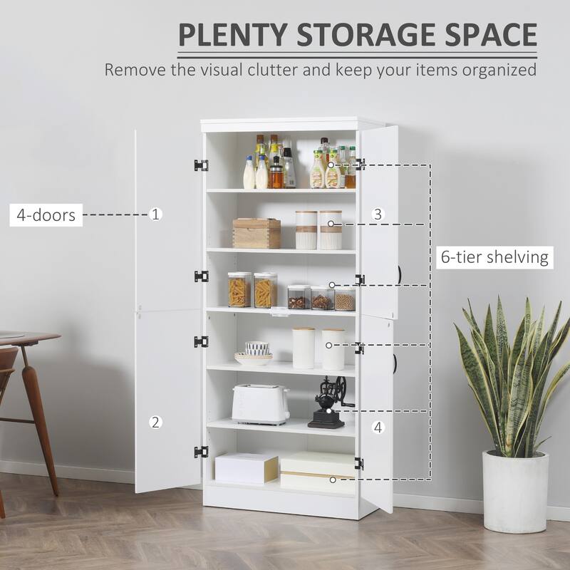 70" Kitchen Pantry, Tall Freestanding Storage Cabinet, 6-tier Shelving with 2 Adjustable Shelves and 4 Doors Gray