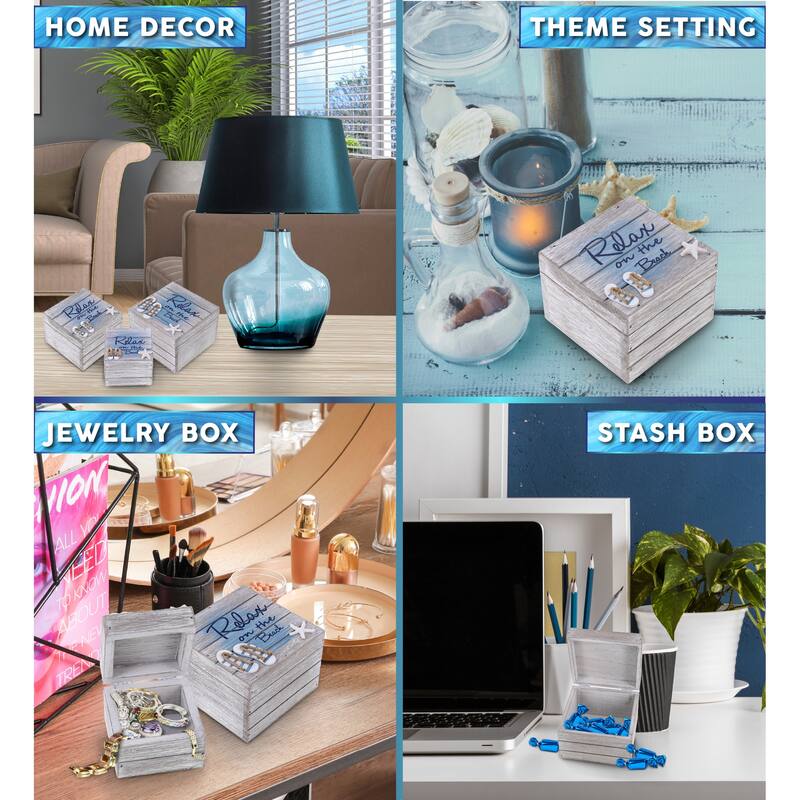 CoTa Global Aqua Sky Relax Wooden Box, 3 Pcs Set - Handcrafted - 6″Lx5.8″Wx4.3″H