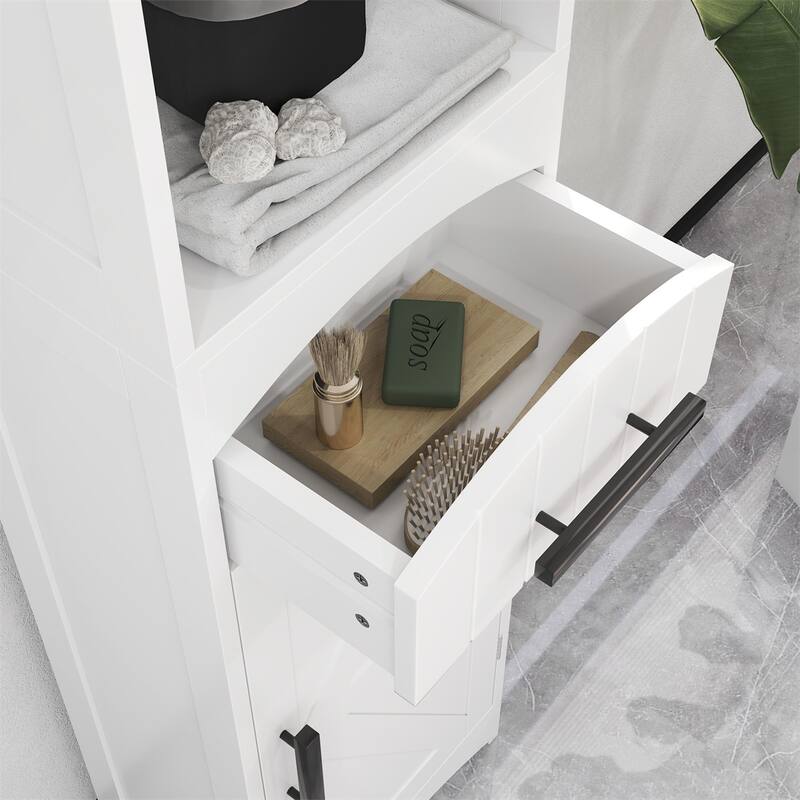 White Tall Cabinet with Drawer and Open Shelves Barn Door Style for Bathroom or Kitchen Use - 13.4" L x 9.4" W x 66.9" H
