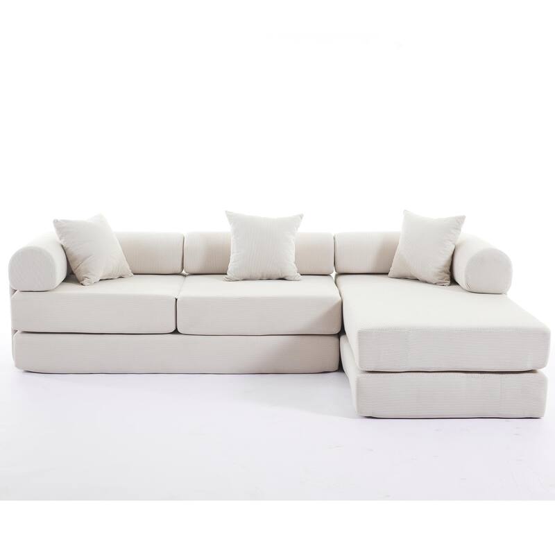 Versatile 7-in-1 Modular Folding Sectional Sofa with Chaise Convertible Corduroy Sleeper Sofa Bed with Removable Storage Bags