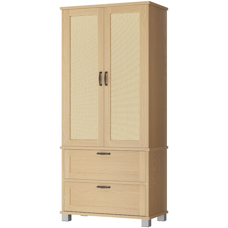 Rattan Door Pantry Storage Cabinet with Wine Rack - Freestanding Storage Organizer with Anti-Tip