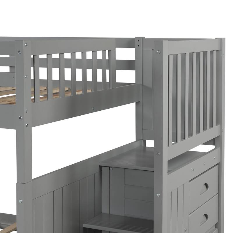 Full Over Full Size Bunk Stairway Bed with Twin Size Trundle and Storage Drawers, Solid Wood Detachable Bunkbed Bedframe