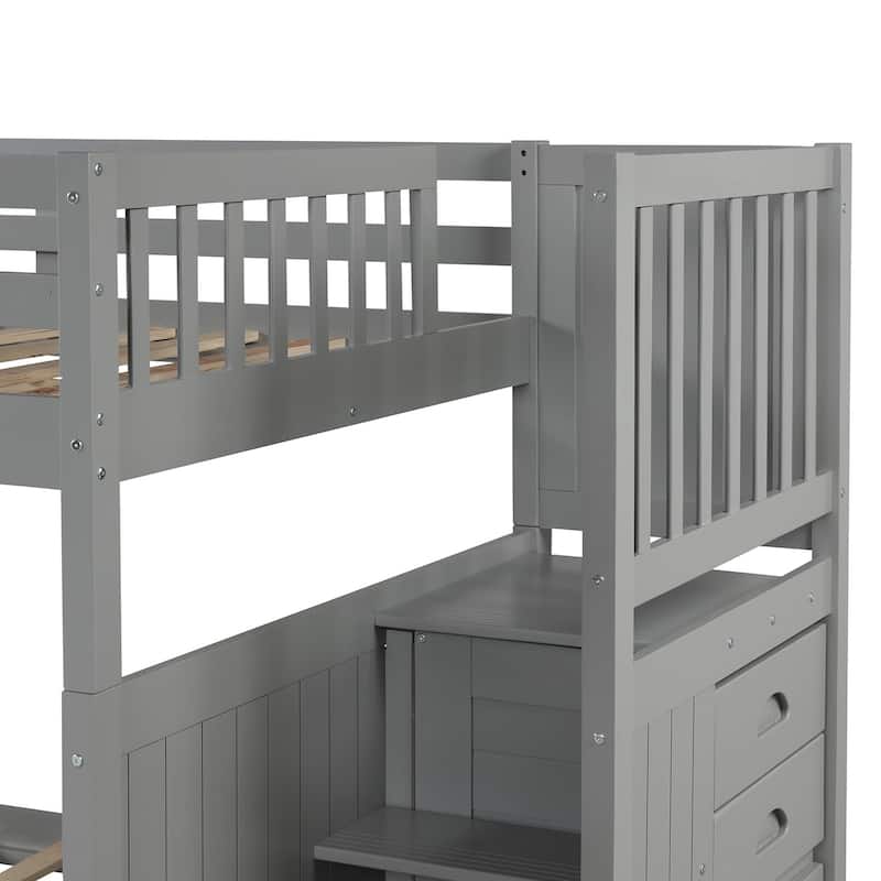 Roomfitters Full Over Full Bunk Bed with Twin Trundle and Guard Rails, Space-Saving Family Bed, Gray