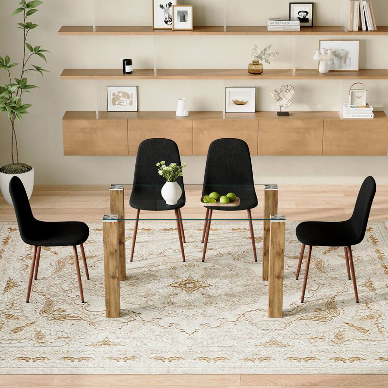 Roomfitters 5pcs Glass Dining Table Set with Natural MDF Legs and Linen High Resilience Chairs, Black - Black