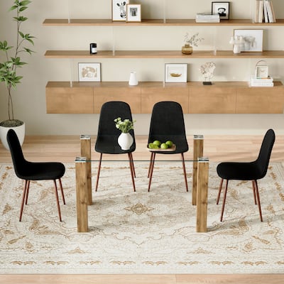 Roomfitters 5pcs Glass Dining Table Set with Natural MDF Legs and Linen High Resilience Chairs, Black