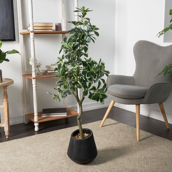 slide 2 of 5, Green Faux Foliage Eucalyptus Artificial Tree with Realistic Leaves and Black Porcelain Pot
