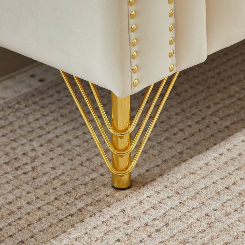 Chesterfield Sofa with Two Round Pillows, Featuring Copper Stud Detailing and Tufted Button Accents