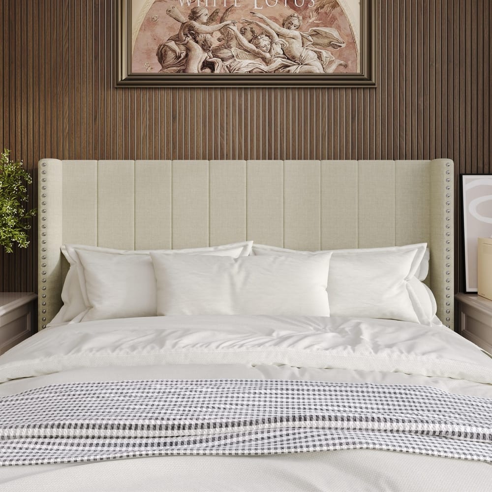 Clayfell Ipswich Upholstered Wingback Headboard with Nailhead Trim, Modern Vertical Channel Tufting, Easy Assembly