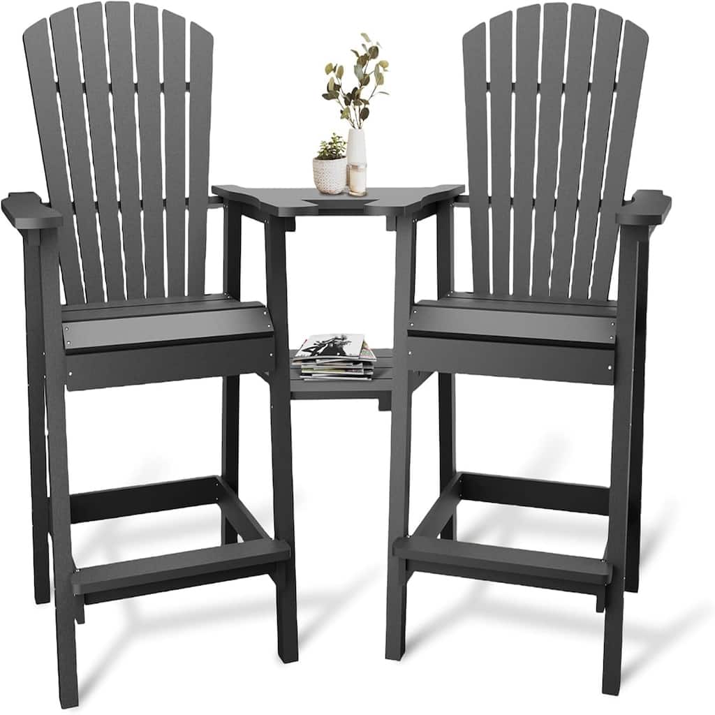 2-Pack Adirondack Bar Stools High-Back Outdoor Patio Chairs with Cup Holder Tray