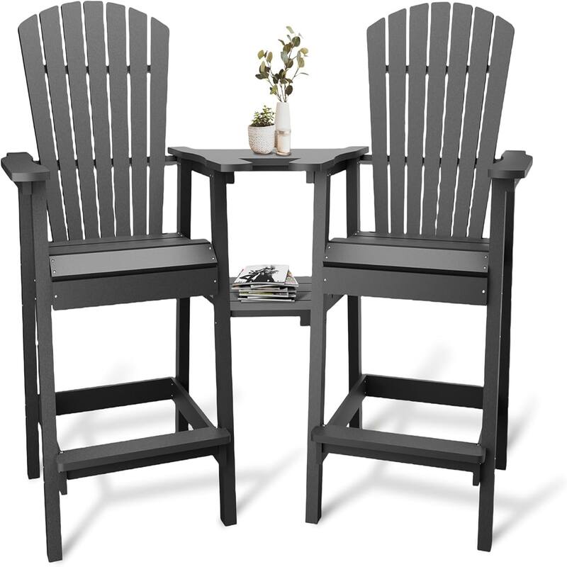 2-Pack Adirondack Bar Stools High-Back Outdoor Patio Chairs with Cup Holder Tray - Grey
