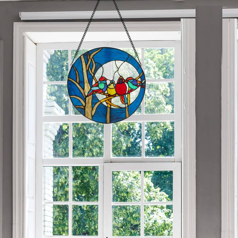 River of Goods 16"H Birds in the Night Sky Round Stained Glass Window Panel - 16"L x 0.25"W x 16"H