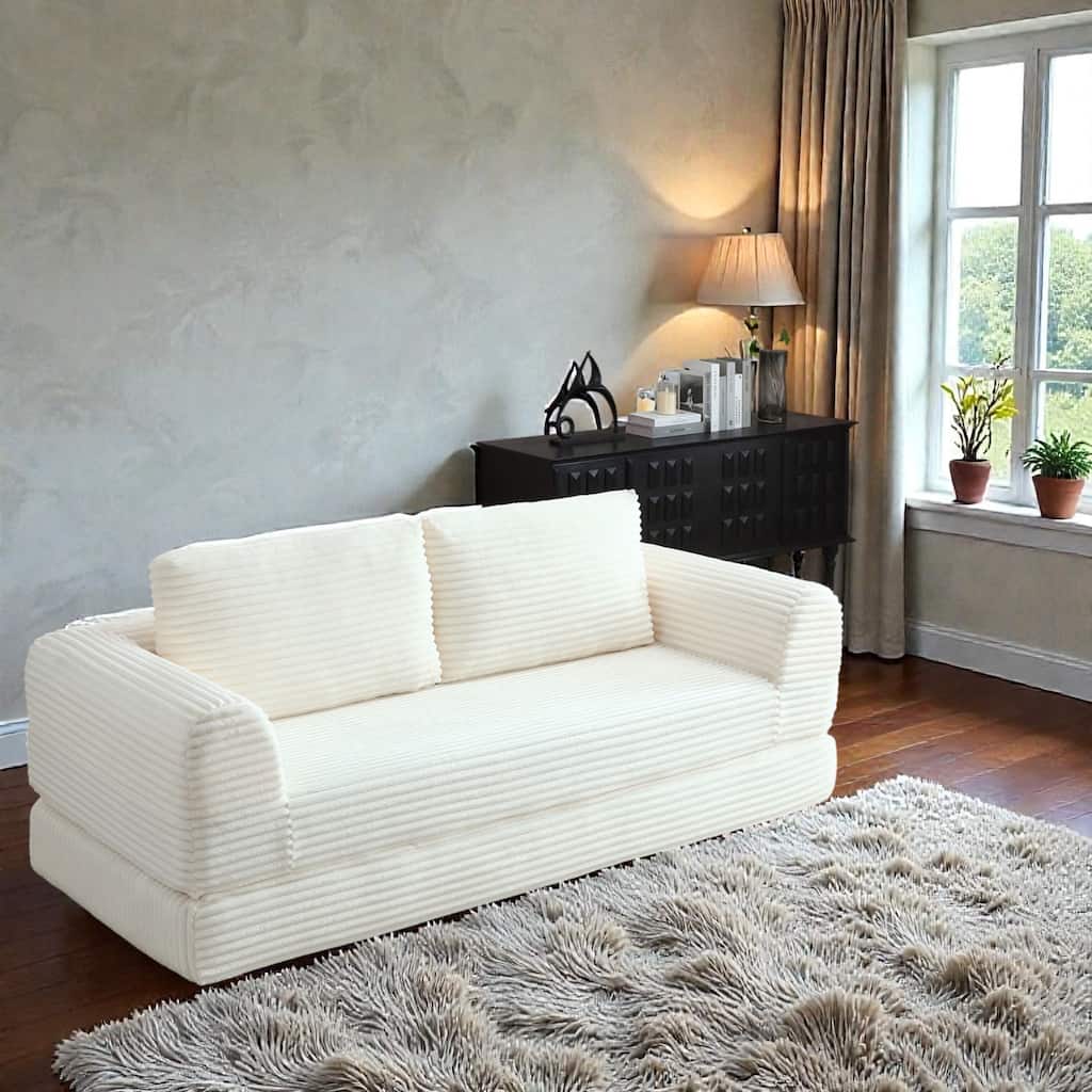 2 in 1 Folding Sofa Bed, Corduroy Convertible Sleeper Couch with Pillows, Boneless Futon Floor Sofa