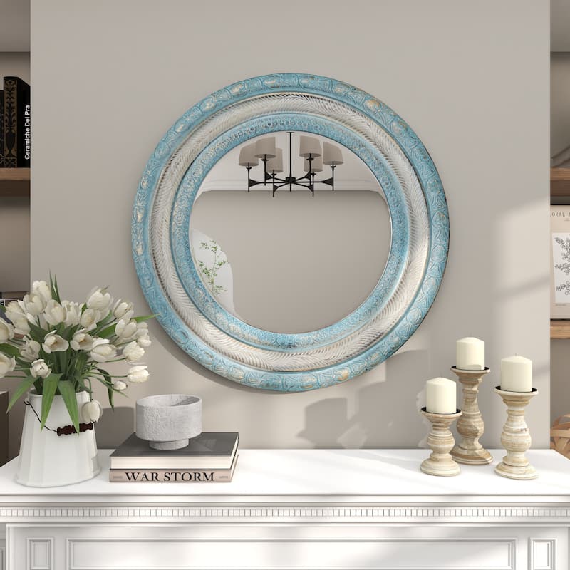 Wooden Floral Distressed Carved Room Wall Mirror with Gold and Beige Accents - Blue - Roche River Decor