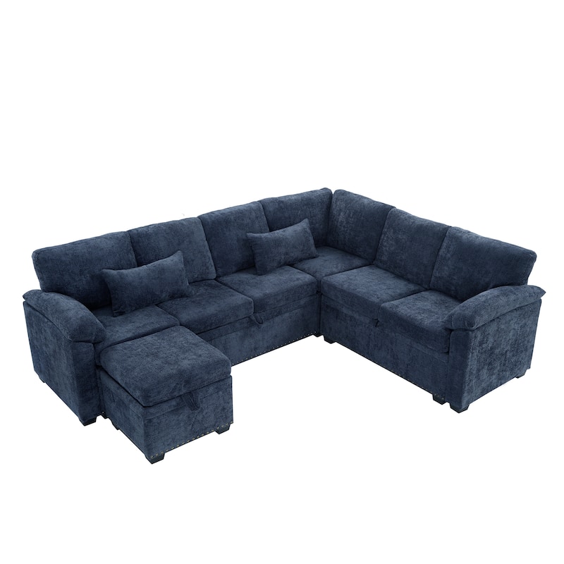 Corner Sectional Sofa with Pull Out Chaise Lounge and Pillow Top Arms, Chenille Sleeper Couch with Storage Seat and Ottoman