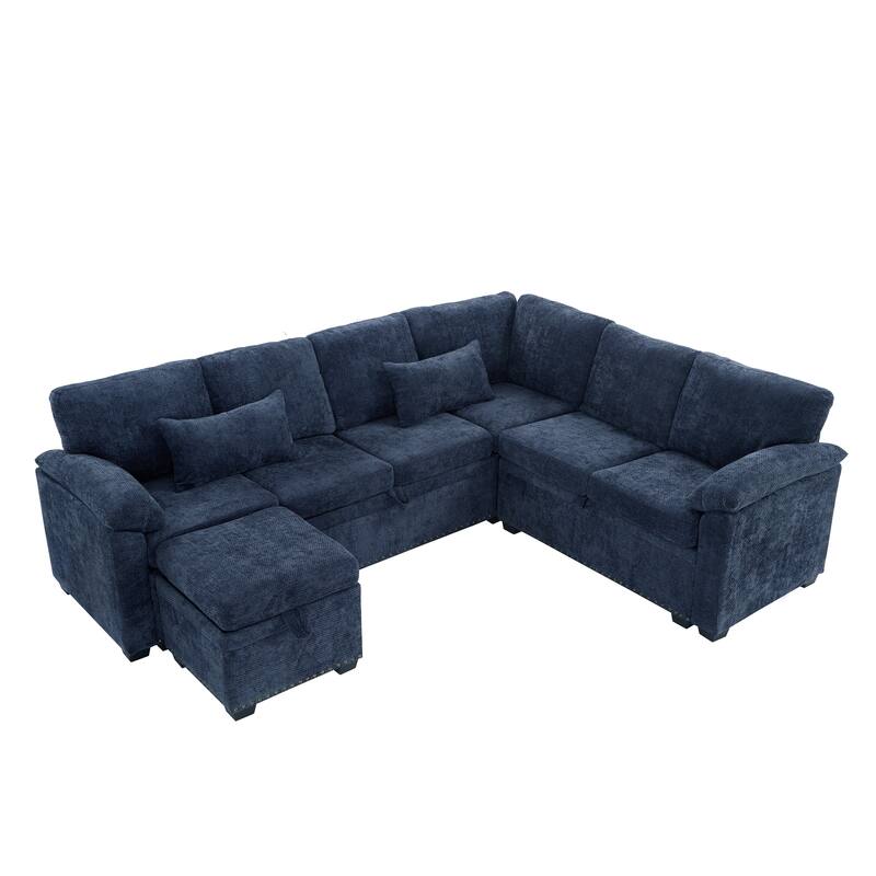 L-Shaped Chenille Sectional Sofa with Pull-Out Bed, Upholstered Convertible 7-Seater Sofa with Storage Ottoman & 2 Pillows