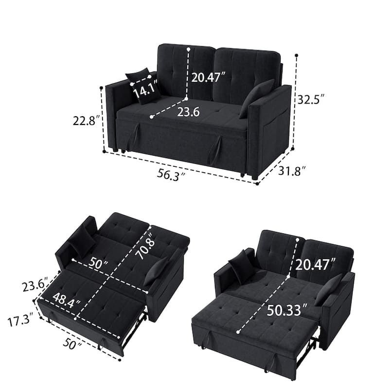 3 in 1 Convertible Sleeper Sofa Bed, Futon Couches for Living Room with Side Pocket, Adjustable Backrest