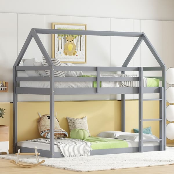 slide 2 of 7, Grey Twin over Twin House-Shaped Bunk Bed with Ladder, Guardrails, and Low Height Design Grey - Twin