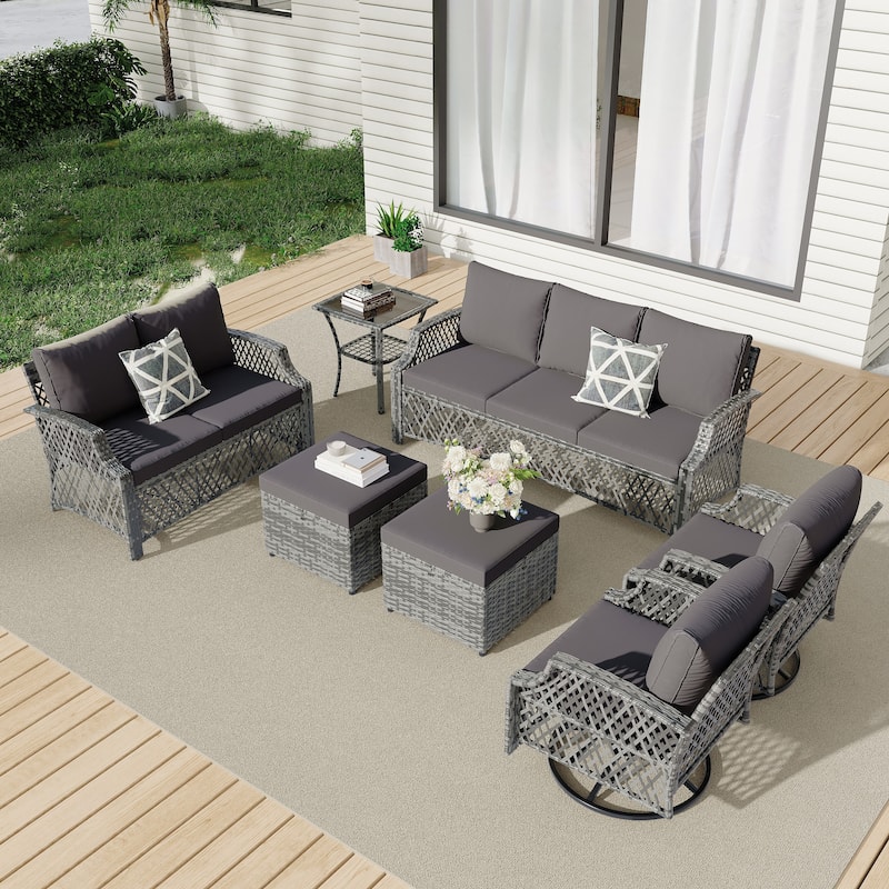 Outdoor Wicker Patio Set w Swivel Chairs & Sofa, Ottomans and Tables, Modular 3/5/6/7-Piece, All-Weather Conversation Set.