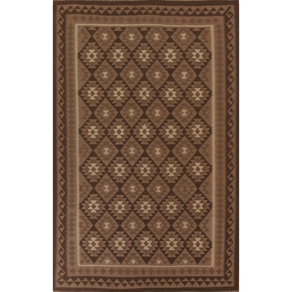 Hand Woven Oriental 100% Wool Carpet Southwestern Geometric Brown Kilim Area Rug - 9' 9'' X 6' 10''