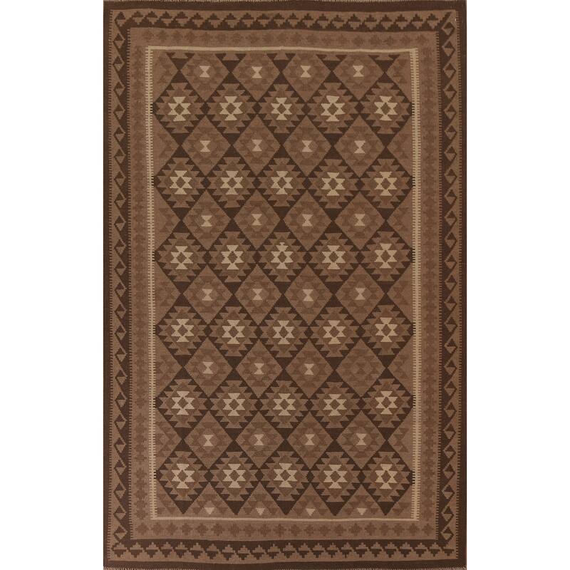 Hand Woven Oriental 100% Wool Carpet Southwestern Geometric Brown Kilim Area Rug - 9' 9'' X 6' 10''