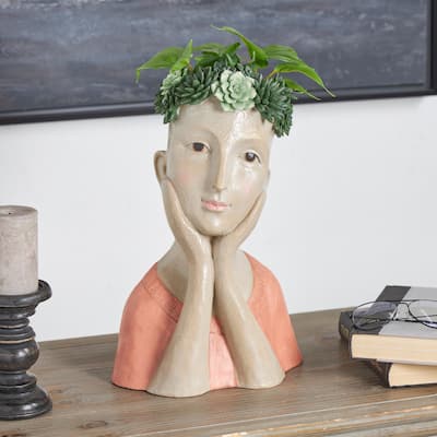Beige Resin Bust Woman Planter with Succulent Crown and Top