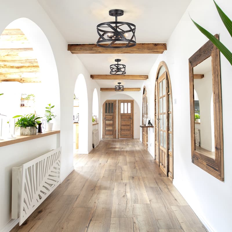 Clyno Modern Farmhouse 3-Light Semi Flush Mount Rustic Black Drum Ceiling Light - D 12.6" x H 11"