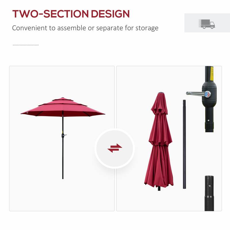 3 Tier Patio Umbrella Outdoor Sunshade with Crank, Push Button Tilt for Deck Backyard and Lawn, Burgundy