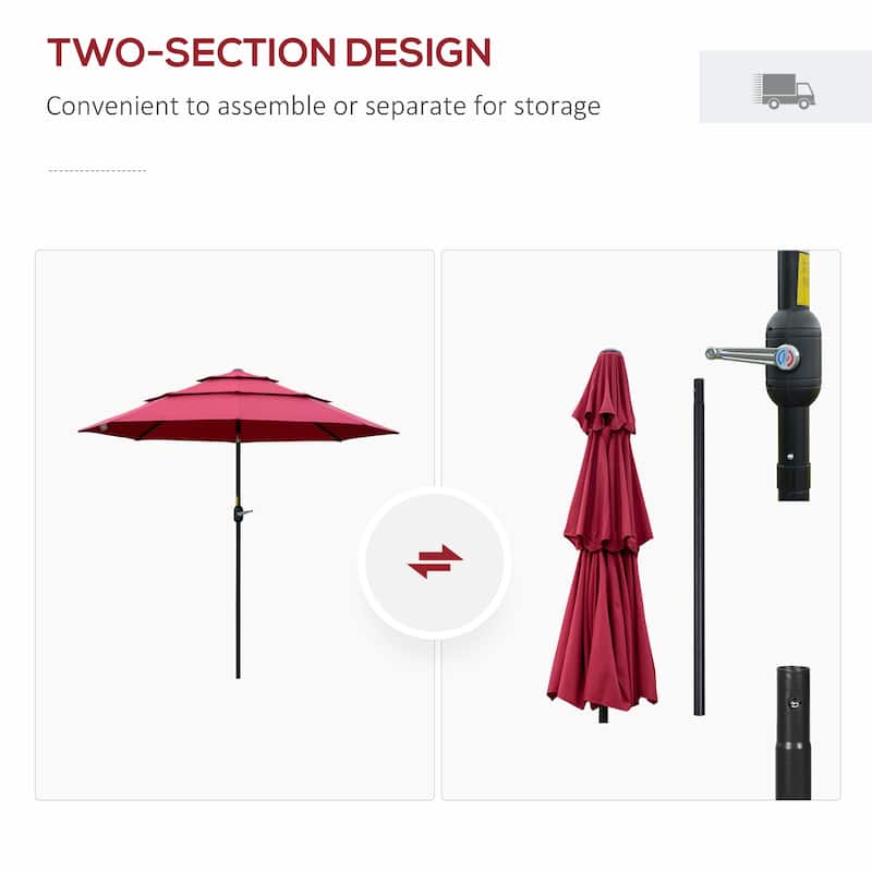 9FT 3 Tiers Patio Umbrella Outdoor Market Umbrella with Crank, Push Button Tilt for Deck, Backyard and Lawn, Wine Red