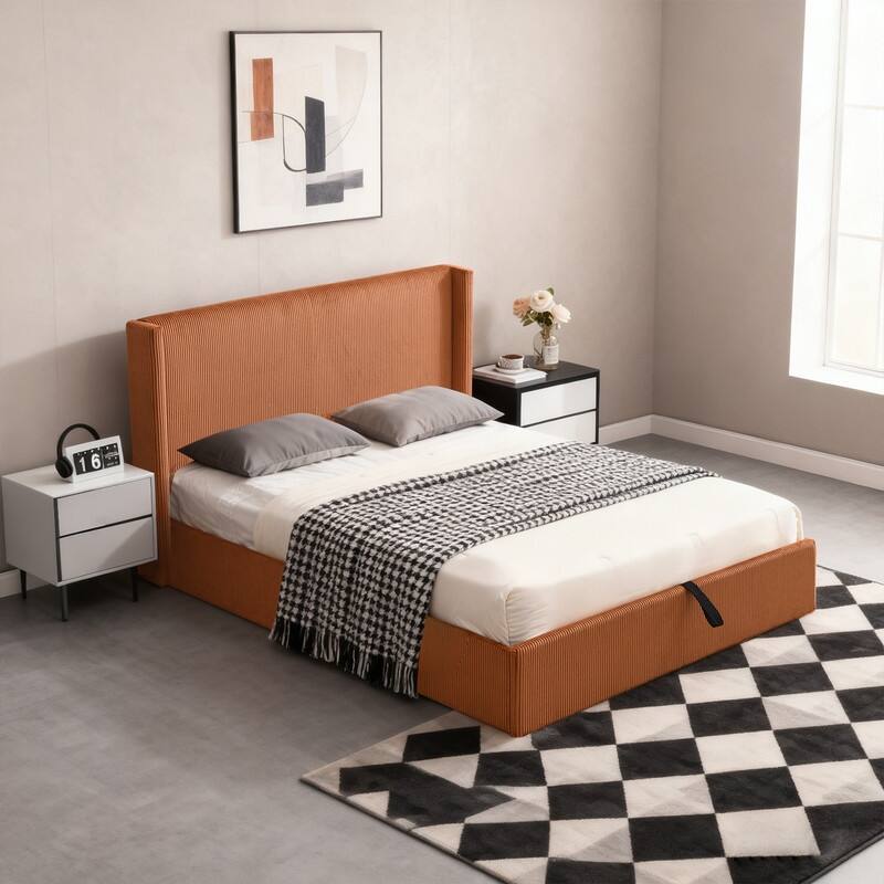 Lift Up Storage Platform Bed with Minimalist Headboard