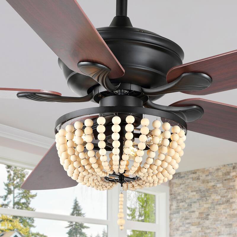 Quinn 52" 3-Light Rustic Farmhouse Iron/Wood Bead Mobile-App/Remote-Controlled LED Ceiling Fan, by JONATHAN Y