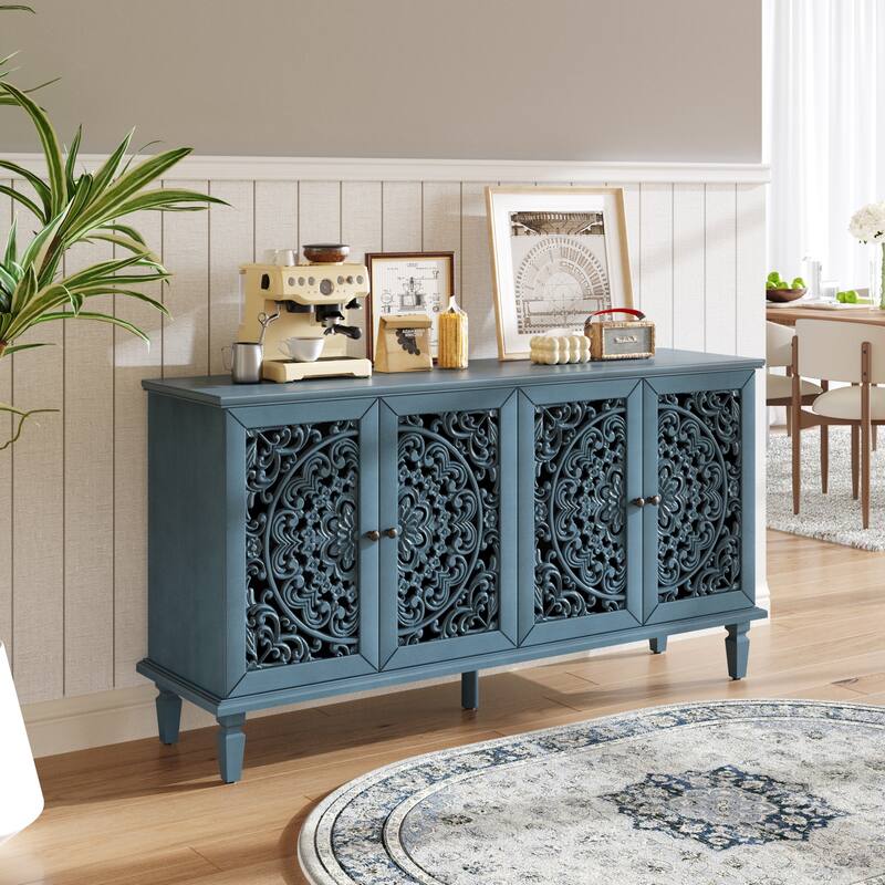 60" Antique Buffet Cabinet with Floral Carvings with Solid Wood Legs&Antique Brass Handles&Adjustable Shelves,TV Stand for 65'