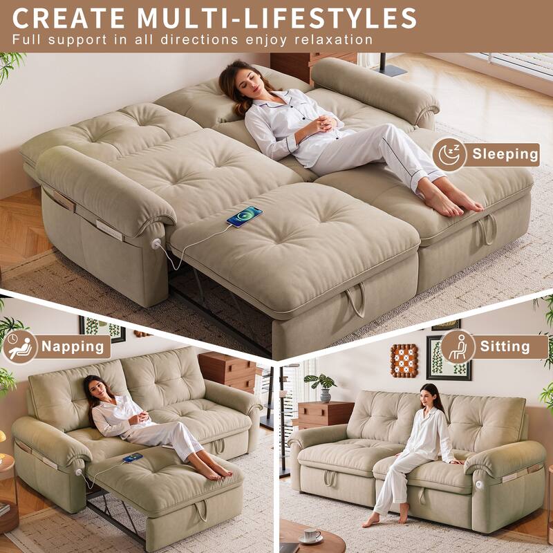 2-in-1 Velvet Pull Out Sleeper Sofa Bed Convertible Loveseat Couch for Sitting, Napping or Sleeping with Side Pockets and USB