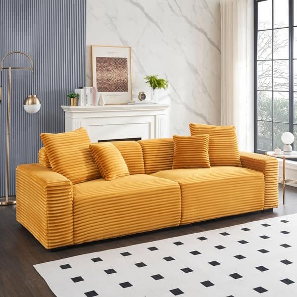 slide 2 of 17, Oaks Aura 104.72in. 4-seat Large Sofa With Throw Pillows, Modern Corduroy Fabric Multicolour Choice Couch Yellow
