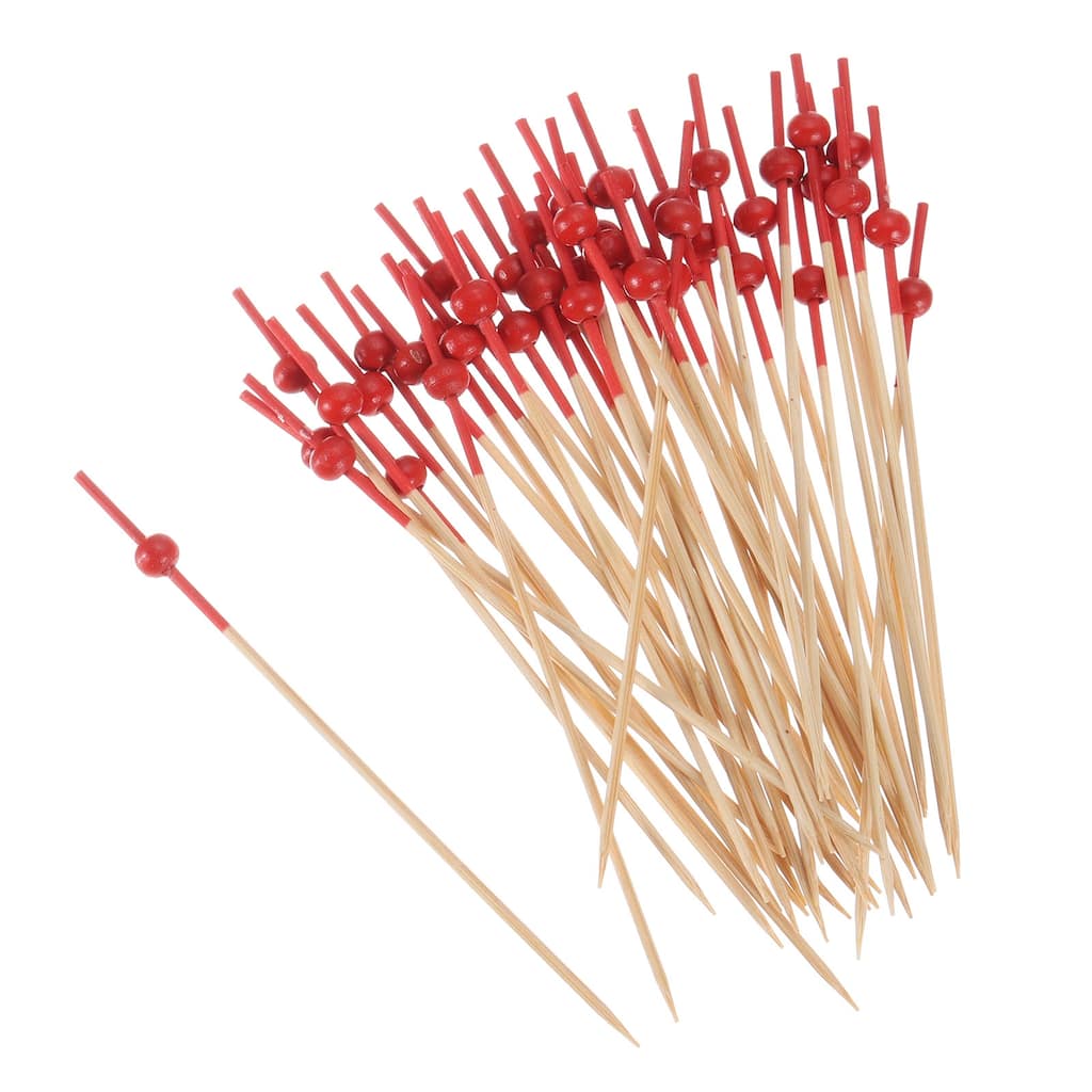 Bamboo Cocktail Toothpicks Red Pearl Bead Drink Picks Skewer 200Pcs - 4.72"