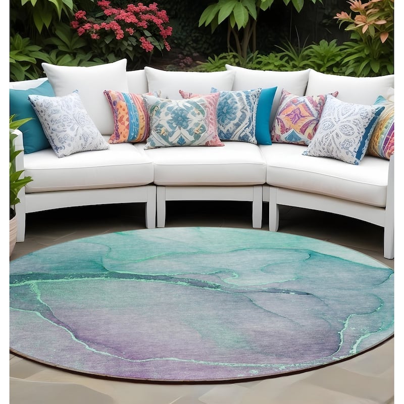Allus Contemporary Abstract Weather Resistant Blended Style Outdoor Rug - 8' Round - Green