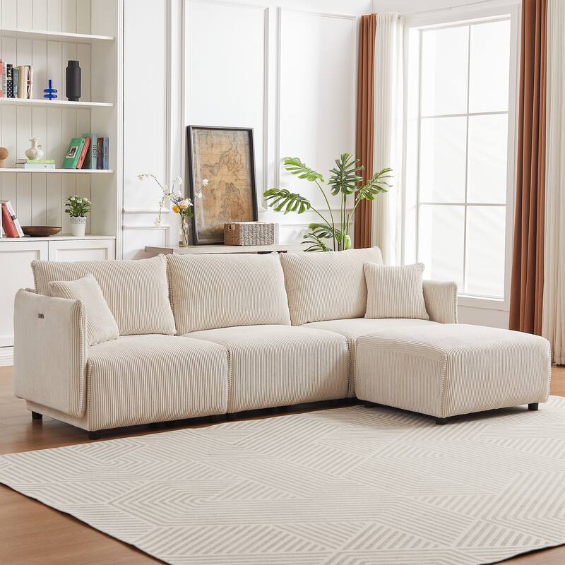 106'' Corduroy 3-Seater Modular Sofa with 2 Cushions, USB & C Charging Ports, Convertible Design - Beige