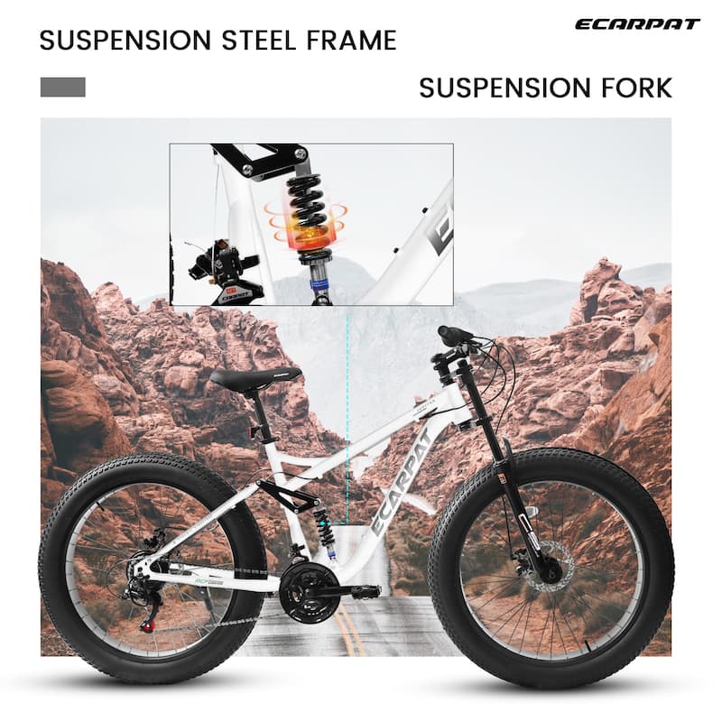 26 Inch Full Suspension Fat Tire Mountain Bike with 21 Speed, Steel Frame 4 Inch Tires for Men and Women