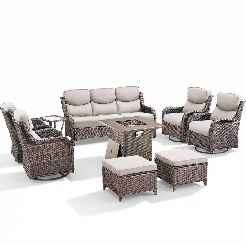 Pocassy Outdoor Propane Fire Table w/ Sofa Swivel Chair Ottoman Funiture Set.
