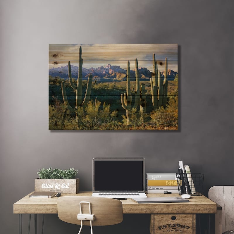 Saguaro Cacti And Santa Catalina Mountains, Arizona Print On Wood by Tim Fitzharris - Multi-Color