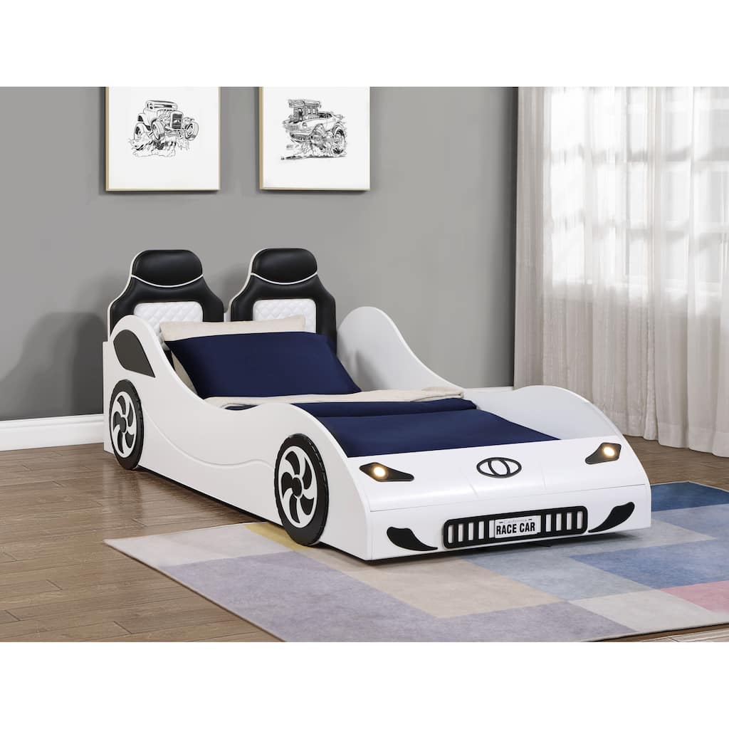 Colen White Finish Twin Car Bed with LED