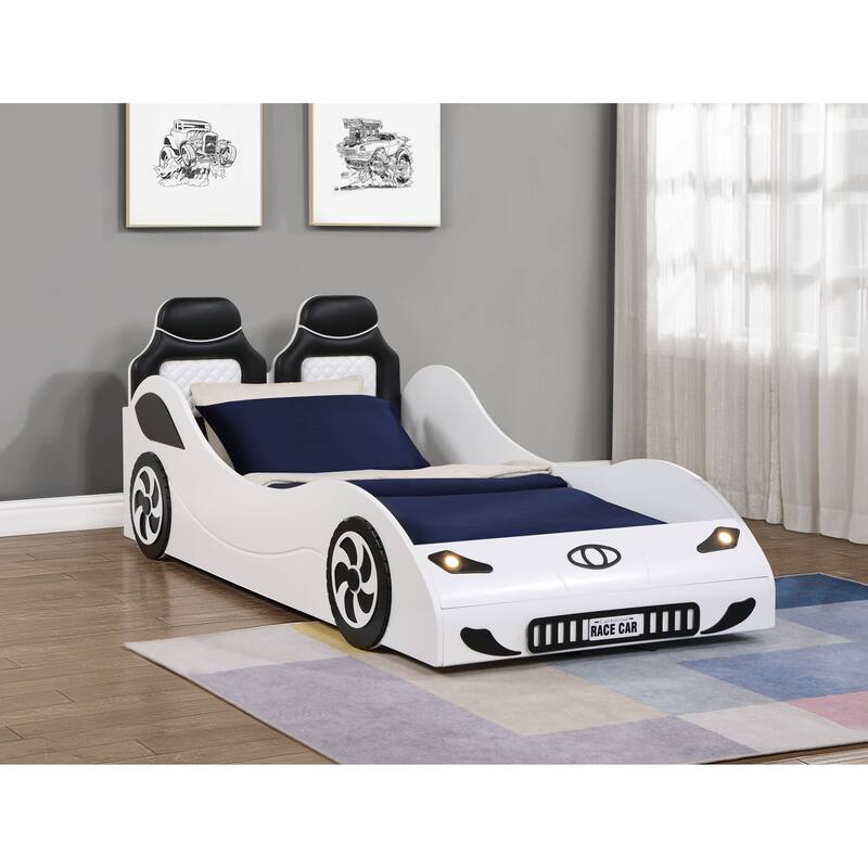 Red or White Twin Car Bed with LED Lights, Padded Upholstered Headboard and Wheels Trim - White