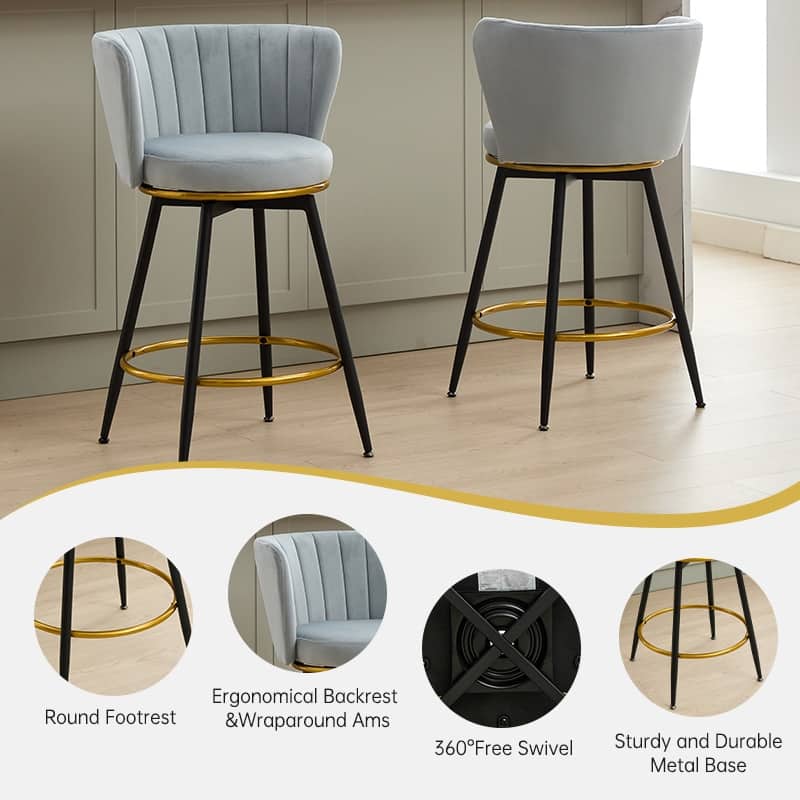 Mid-century Counter Height Bar Stools Set of 2 360° Swivel Barstools with Vertical Stripe Backrest and Round Padded Seat