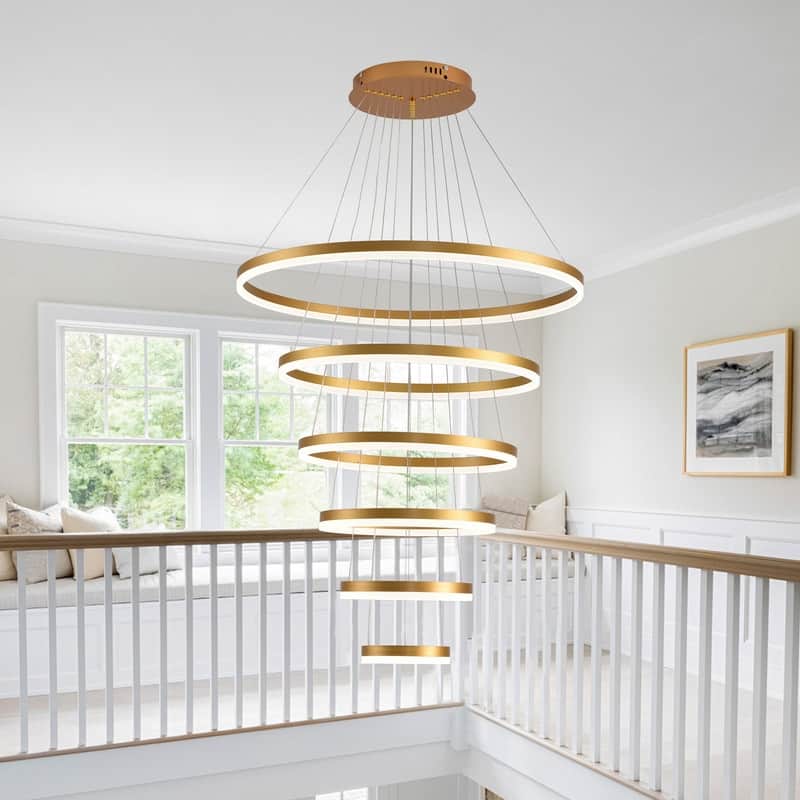 Modern Led Chandelier Gold 6 Ring Chandeliers for Foyer High Ceiling