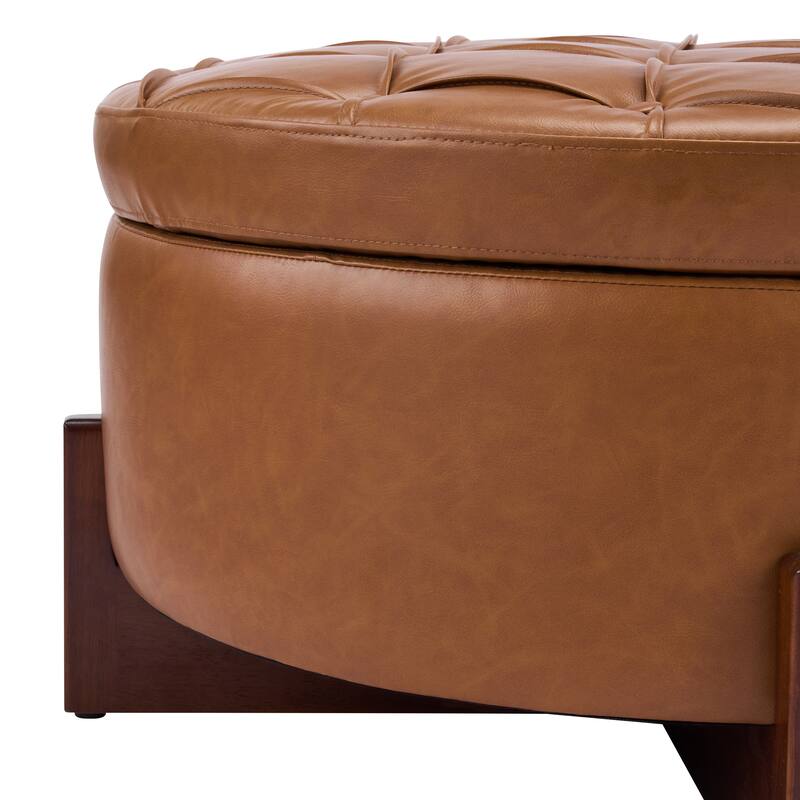 Christopher Knight Home - Mollet Mid-Century 32.28" Upholstered Tufted Round Hidden Storage Ottoman with Reversible Wood Lid