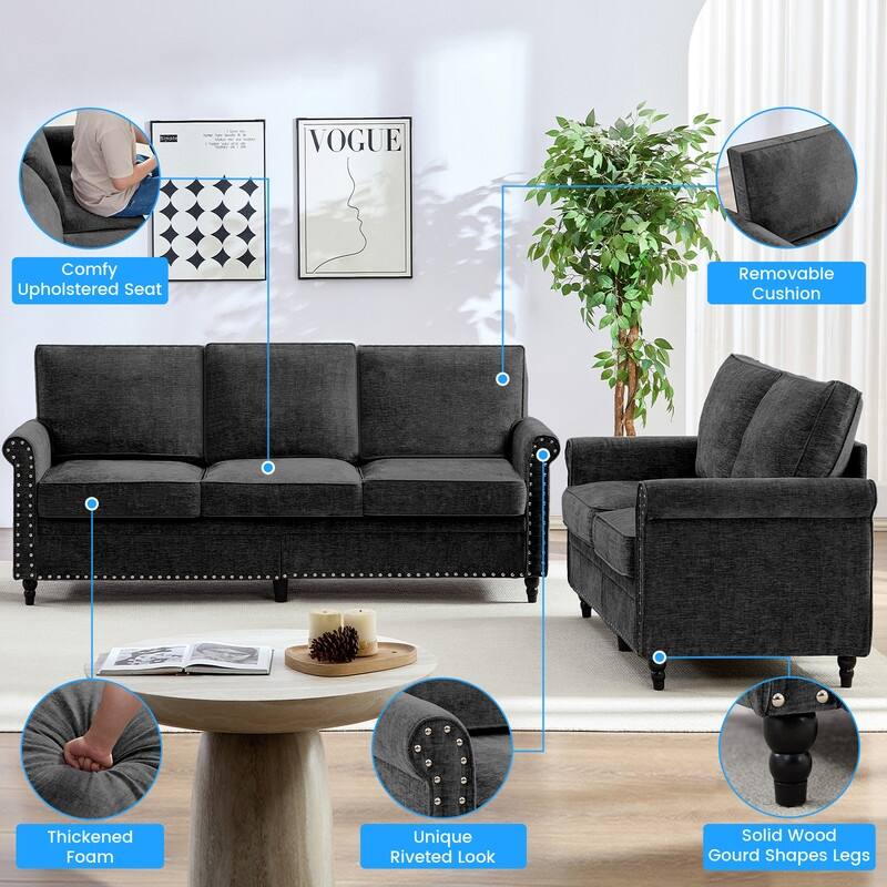 Mixoy 2 Piece Living Room Sofa Set with Riveted Design,Chenille Nailhead W76''3-Seater Sofa Couch with W53''Loveseat Sofa