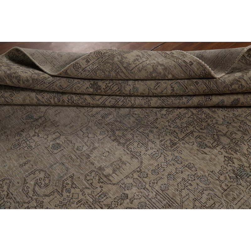 Geometric Tabriz Persian Vintage Rug Hand-Knotted Beige Wool Carpet - 9'1" x 12'4"